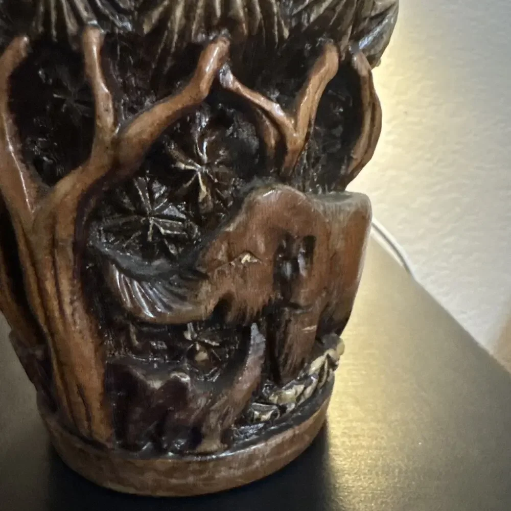 Hand Carved Wood 3D VASE Sculpture India Art Elephant Jungle Palm Tree